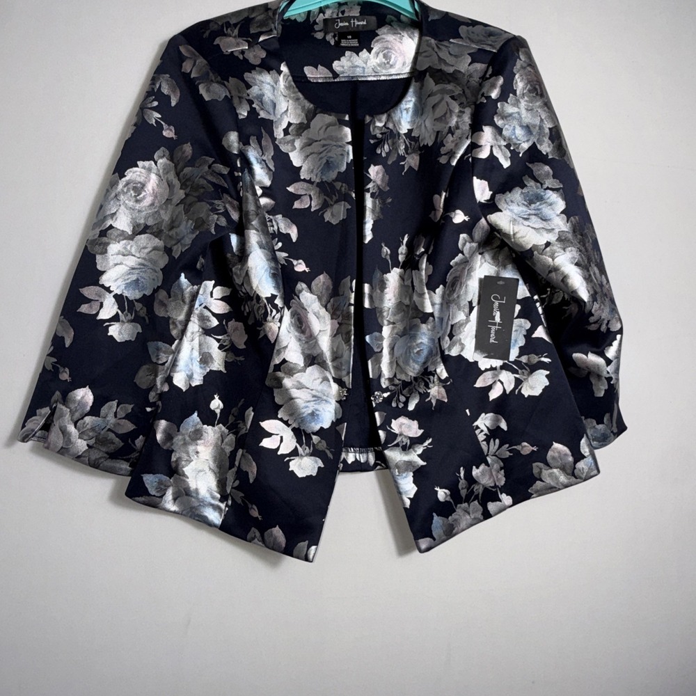 Jessica Howard Jacket Floral Roses‎ Navy Blue Size 10 Cottagecore 3/4 Sleeve